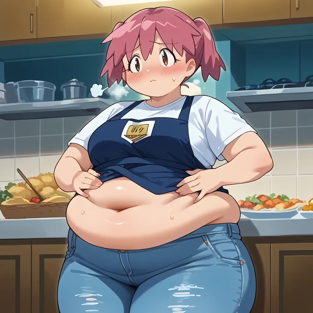 score_9, score_8_arriba, score_7_arriba,   source  _anime, Natsumihinata, natsumi hinata, short hair, twin pigtails, pink hair, brown eyes,
shirt, white shirt, short sleeves, pants, apron, denim, jeans, blue apron,, gordo body, wide waist big .  sexy body,...