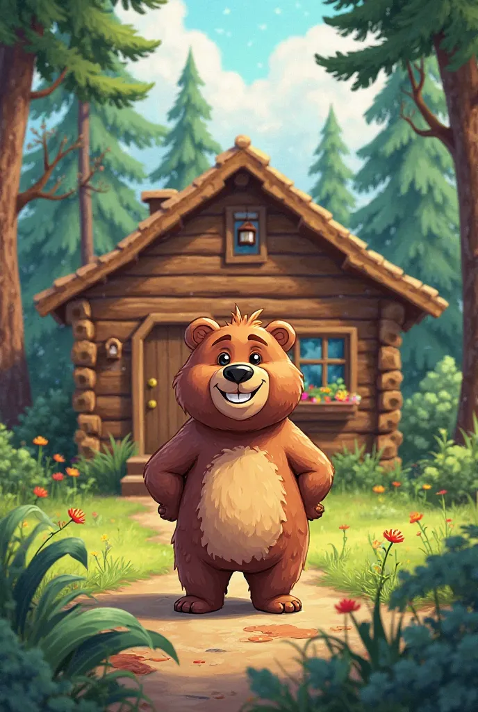 A cartoon picture of a brown bear standing in front of his house in the forest 