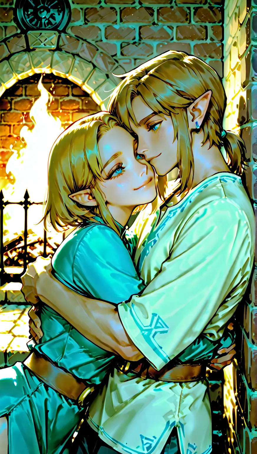 ((artwork)), (Highest quality), (detailed), ((1 boy)), (Link to the Legend of Zelda), smile, A short-haired, blue-eyed boy and a long-haired, blonde girl are hugging each other, Winter fireplace, Bright colors、Embrace each other、Love each other、kiss