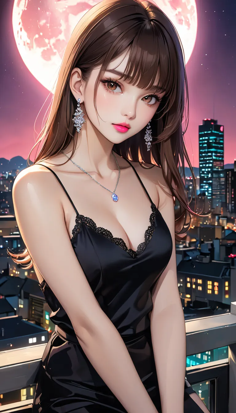 (black silk camisole),  8k, RAW photo, best quality, masterpiece, high quality, One young woman, perfect style, Perfect face , Wide range of colors,  Vivid details, soft lighting, like the movie, (pink lips), (beautiful detailed face),  ( beautiful brown e...