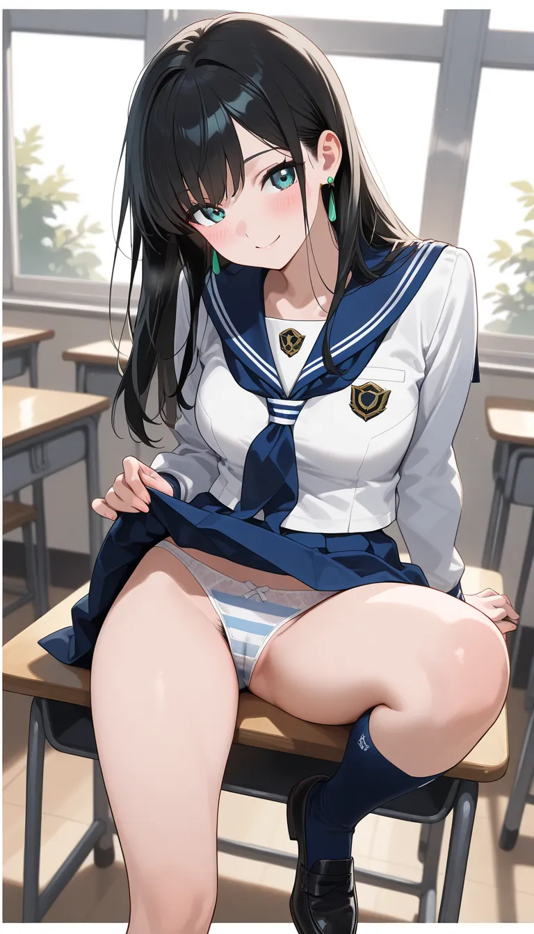 (beautiful girl : 1.3),1 girl,(sailor suit, Long Sleeve,Skirt,earrings, striped underwear ,high socks,loafers, pubic hair), black hair,long hair,smile, is embarrassing,blush,Decisive Pose,classroom, moving,dynamic angle for pussy,masterpiece,Top Quality,su...