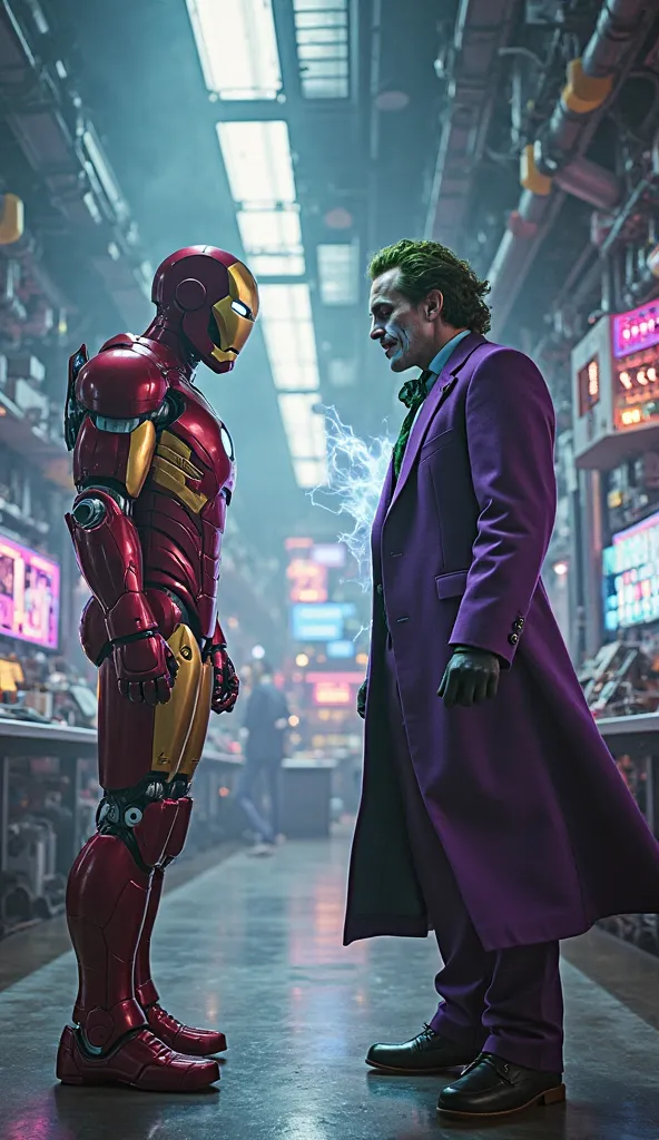 Cinematic confrontation between the Joker and Iron Man in a high-tech laboratory environment with urban elements. Iron Man hovers slightly above ground on the left, his advanced armor illuminating the scene with the glow of repulsor technology and an activ...