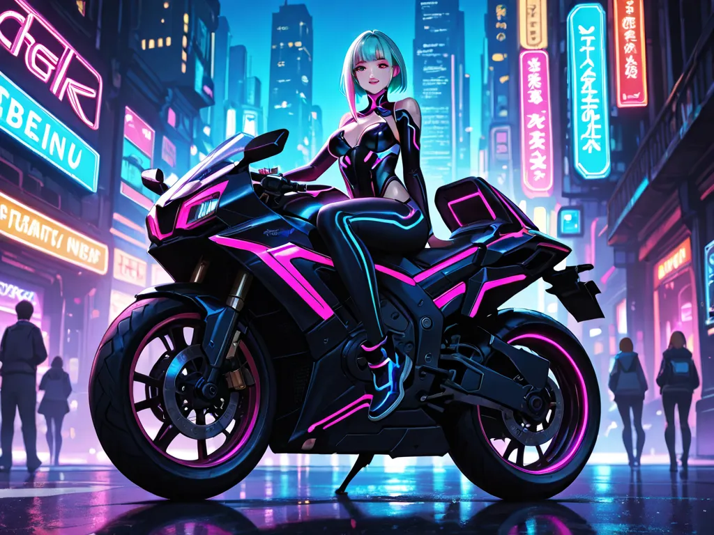 very beautiful girl on a bike with neon stripes, participating in night races through the streets of a futuristic city. in cyberpunk style