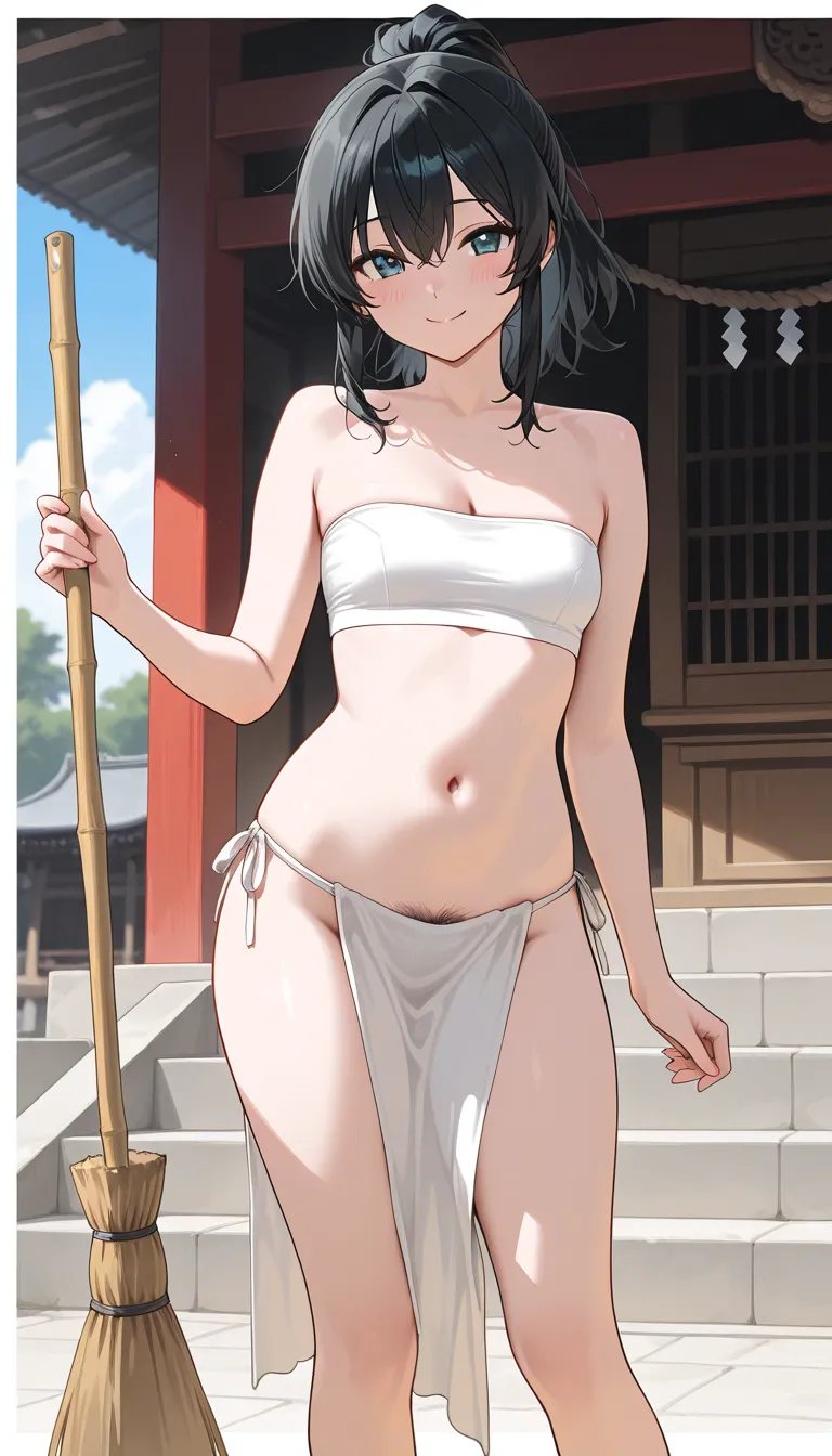 (beautiful girl : 1.3),1 girl,( White Tube Top Bra,white loincloth, pubic hair), black hair,ponytail,smile, is embarrassing,blush,broom,shrine,temple,masterpiece,Top Quality,super high resolution,rich contrast,high image quality,8k,High Definition CG Unit ...