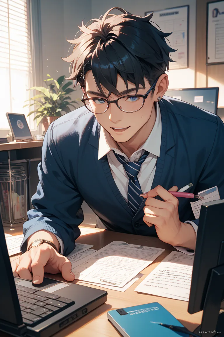 Image of a Japanese dark-haired male lawyer teacher operating a computer