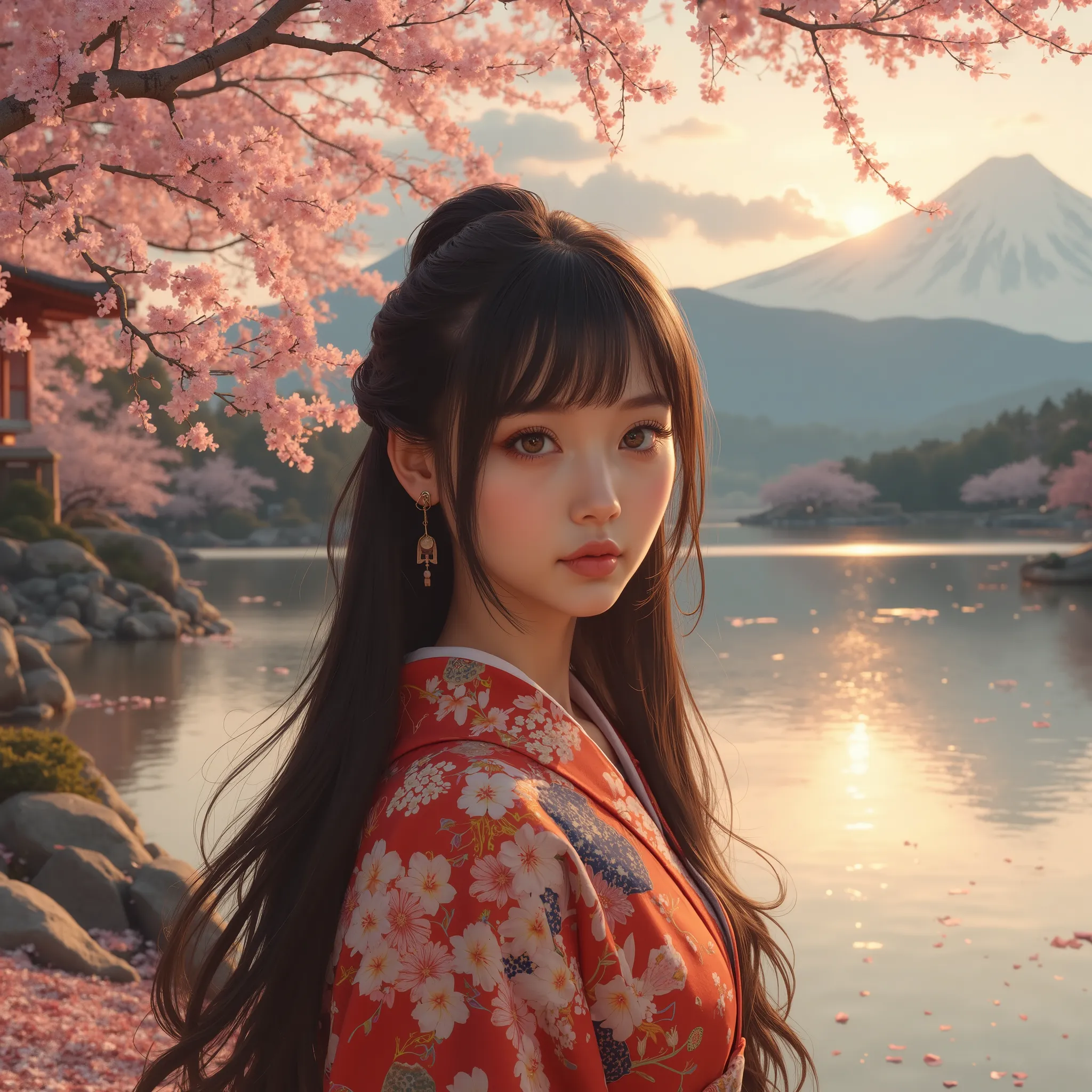 Highest quality,  masterpiece, extremely exhaustiveed, exhaustiveed background, exhaustiveed eyes, anime, 1 girl, beautiful eyes, young girl, Long Hair Girl,  expressive face ,    kimono, retro, Wind Scenery of Mount Fuji, outdoor, sunset, beautiful sky fr...