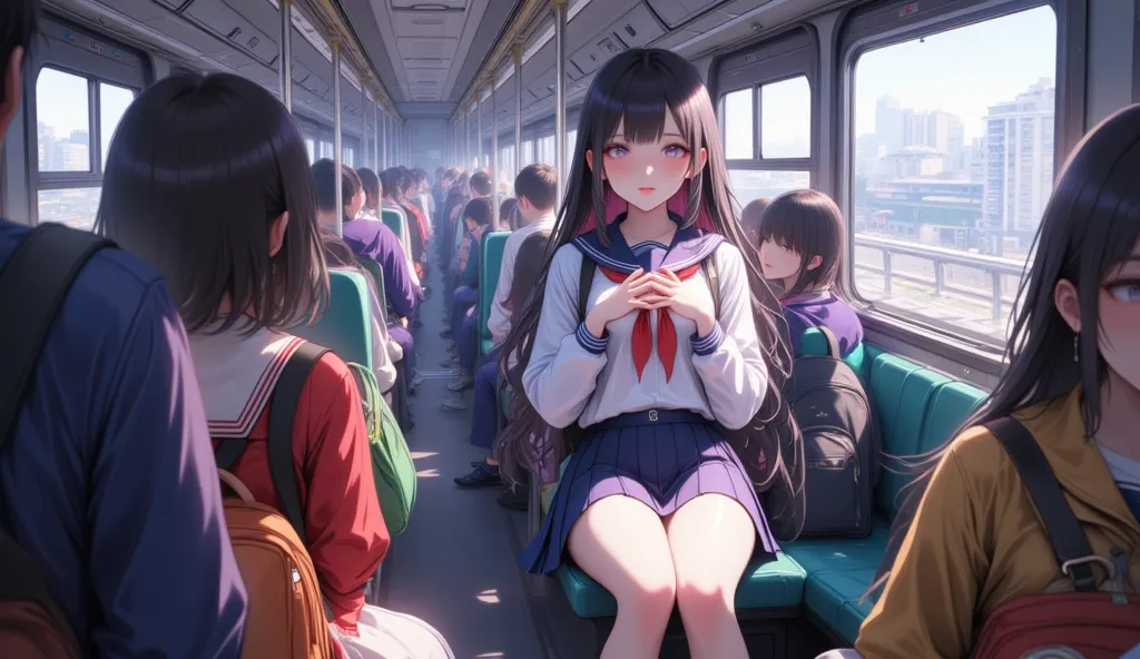 A crowded train going to school、 High School Girl in Sailor Suit 、Close-up