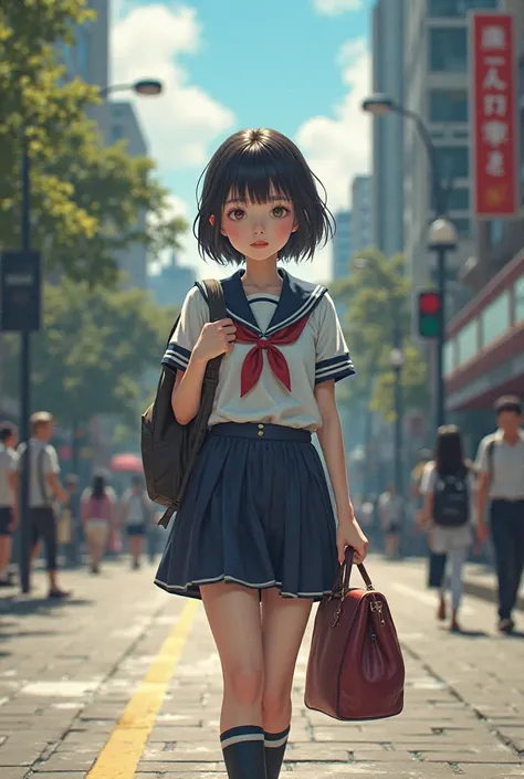 A rare girl is walking down the street wearing a school bag