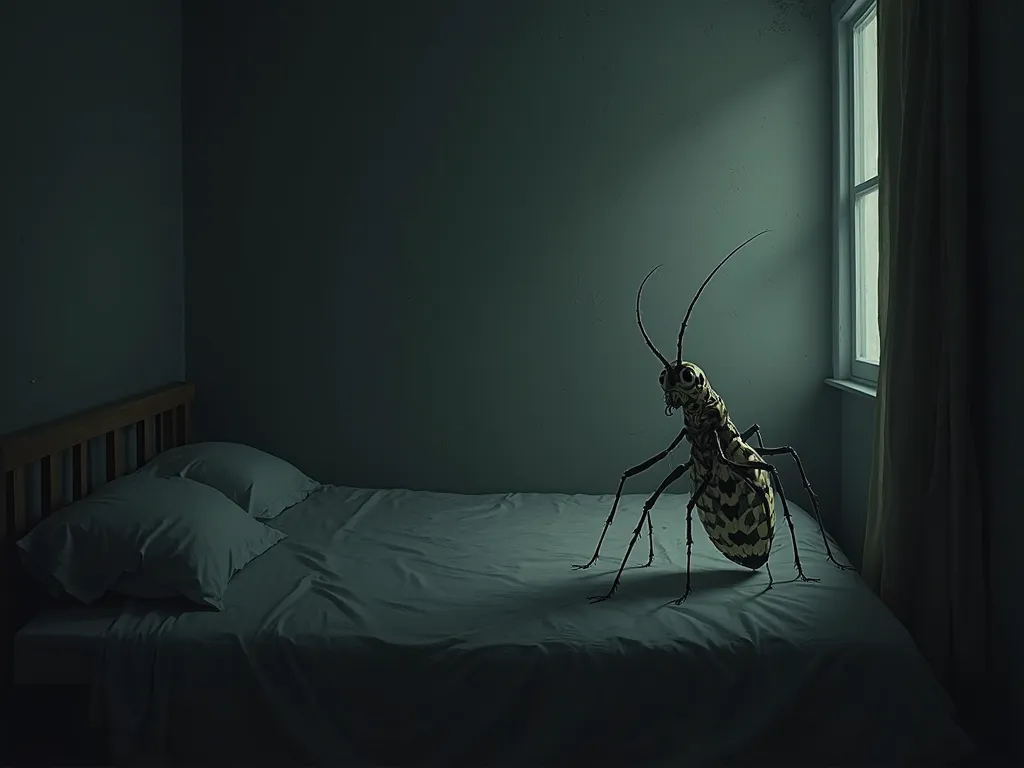 A gloomy bedroom at night, illuminated by dim light. In the corner of the room, under the ceiling, there is a stick insect a little larger than an average size, with thin, spectacularly curved legs. His patterned body looks like it's being blown up, and hi...