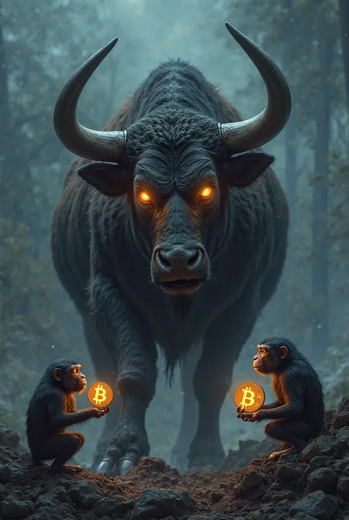 Night with a view of the bull with BTC in his eyes, angry cool beautiful gosterish and half 2 monkeys holding coins with eth in their hands