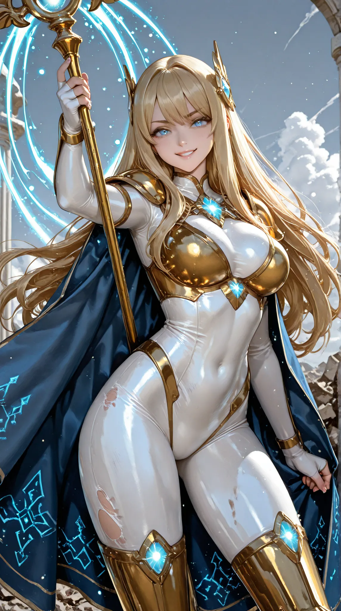 "Ultra-detailed digital artwork of Luxanna Crownguard (Lux), the Lady of Luminosity, in a dynamic pose mid-battle. Appearance: Young woman in her early 20s, fair porcelain skin, bright sky-blue eyes glowing with magical energy, and long golden-blonde hair ...