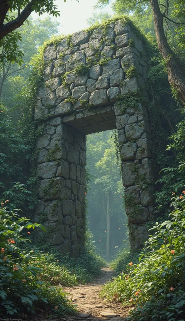 A large heavy stone in front of a door in the jungle 