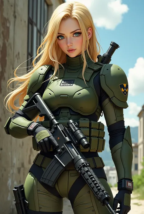 A long haired blonde military anime waifu with early 2000's US army body armour, holding a C7A1 rifle near a concrete wall.