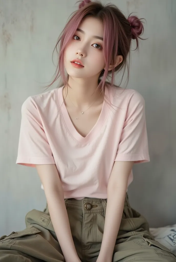 "Jisoo,soft pink bun hairstyle, wearing v neck tshirt cargo pants,candid pose, image is mid-range.