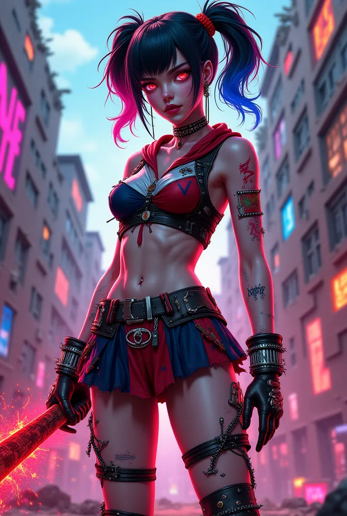 "A fierce and rebellious female warrior, a fusion of Harley Quinn from DC and Ryuko Matoi from Kill la Kill. She has Ryuko’s signature short, messy black hair with a red streak, but with Harley’s chaotic energy—some strands dyed in pink and blue. Her eyes ...