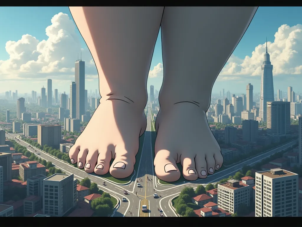 Mega giantess Nemu (from anime Bleach) flexing her giant feet on a city