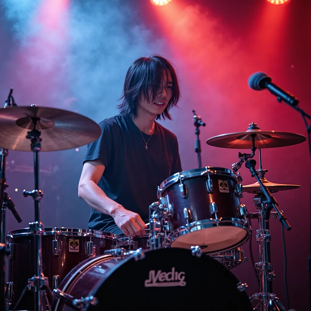 Thai male musician, rock drummer, performing live on stage. The drummer has shoulder-length black hair, a shaved face, and plays the drums powerfully on stage, his eyes following the beat, which is illuminated by exciting red and blue lights, with smoke ef...