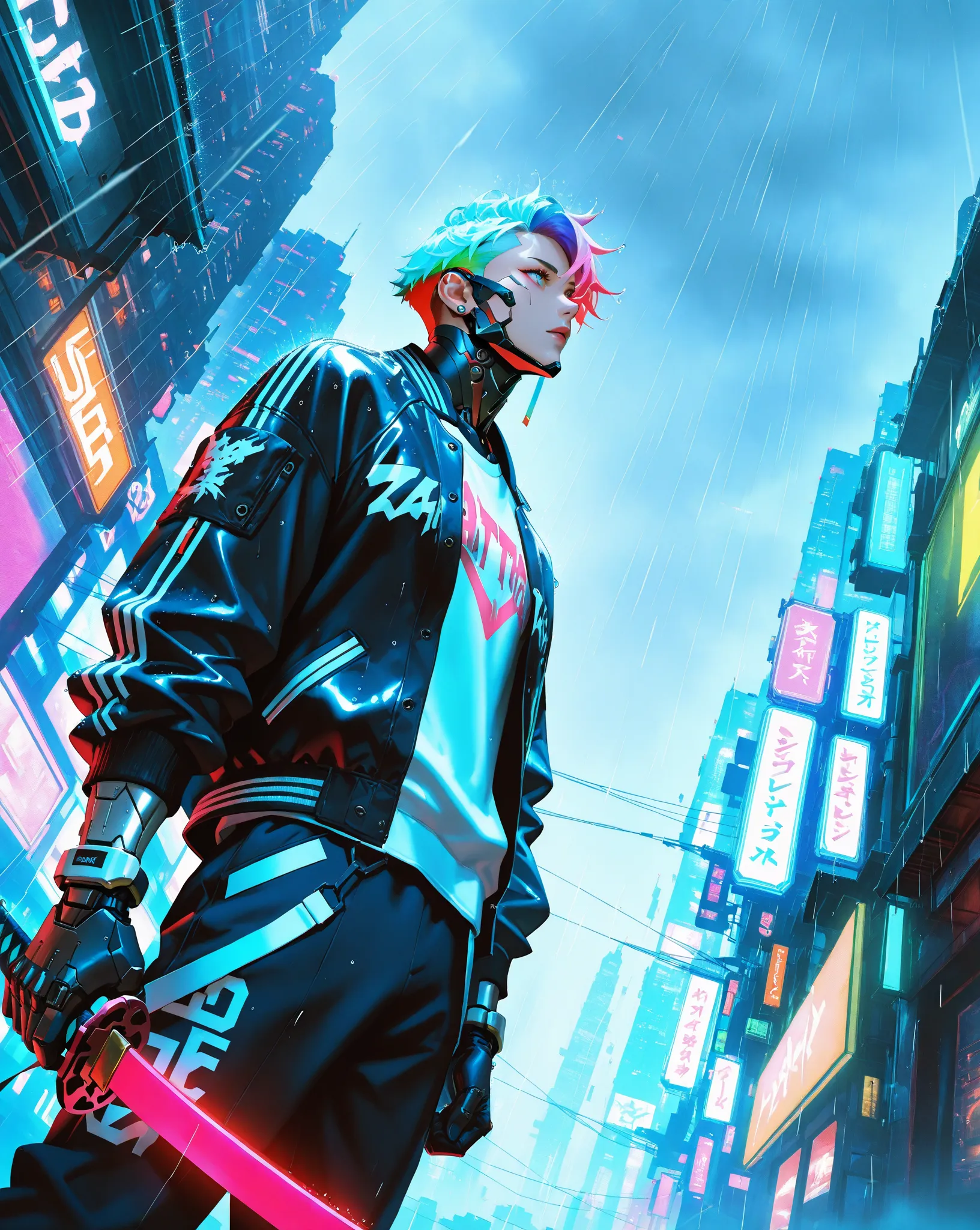 1 , Cyberpunk,mask,   colored hair ,(streetwear:1.3), Yakuza jacket ,katana,cyborg,( low vision), dynamic angle,rain, looking up at the sky,hazy urban scenery, sharp focus, dynamic angle,HD,(detailed face and eyes).
32K, HDR, UHD. 