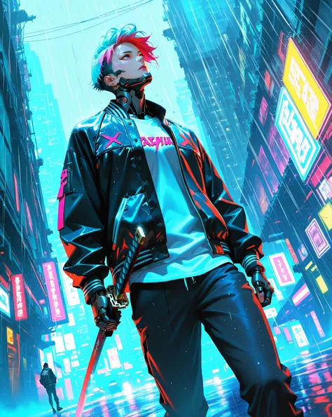 1 , Cyberpunk,mask,   colored hair ,(streetwear:1.3), Yakuza jacket ,katana,cyborg,( low vision), dynamic angle,rain, looking up at the sky,hazy urban scenery, sharp focus, dynamic angle,HD,(detailed face and eyes).
32K, HDR, UHD. 