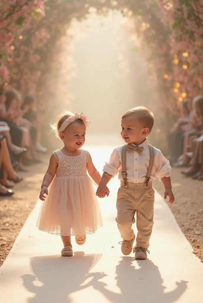 Create an enchanting runway scene featuring an adorable baby couple walking hand-in-hand down the stage. The pair should be dressed in complementary, aesthetic outfits — perhaps a baby girl in a delicate pastel dress with lace details and a matching headba...