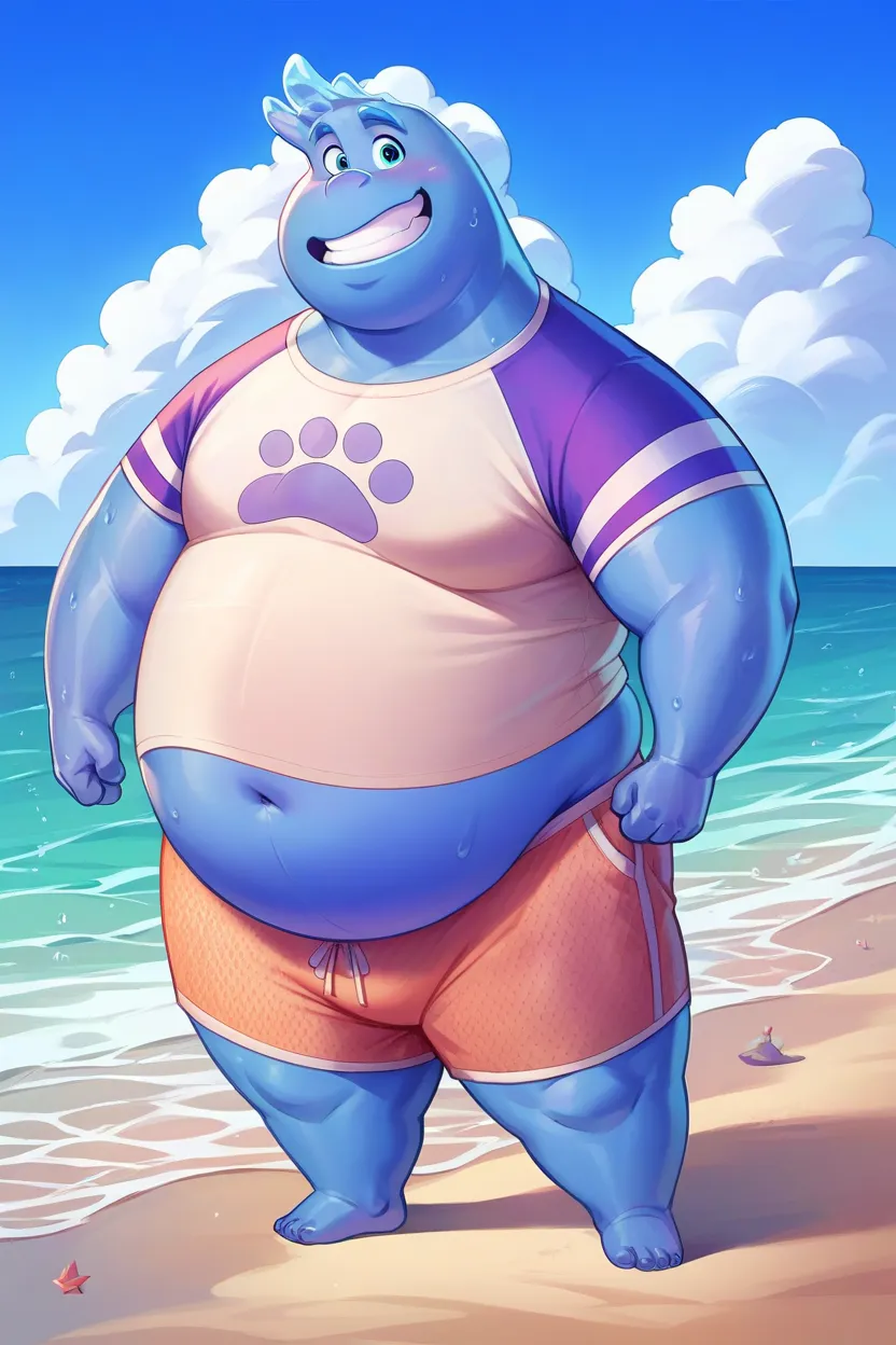 score_9, score_8_up, score_7_up, wade, solo, tall, broad shoulders, morbid obesity, overweight, gigantic body, gigantic belly, full length portrait, standing on the beach, in swimming trunks, whiteout t-shirt 