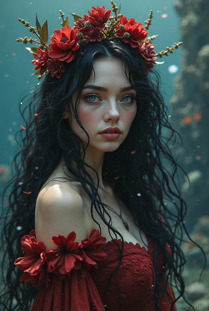 Une sirène noire  marrons  une peu pleine physiquement avec   des yeux bleus et très belle dans l’eau avec les cheveux noirs et une couronne rouge sur la tête avec des fleurs rouges  et une queue toute rouge 