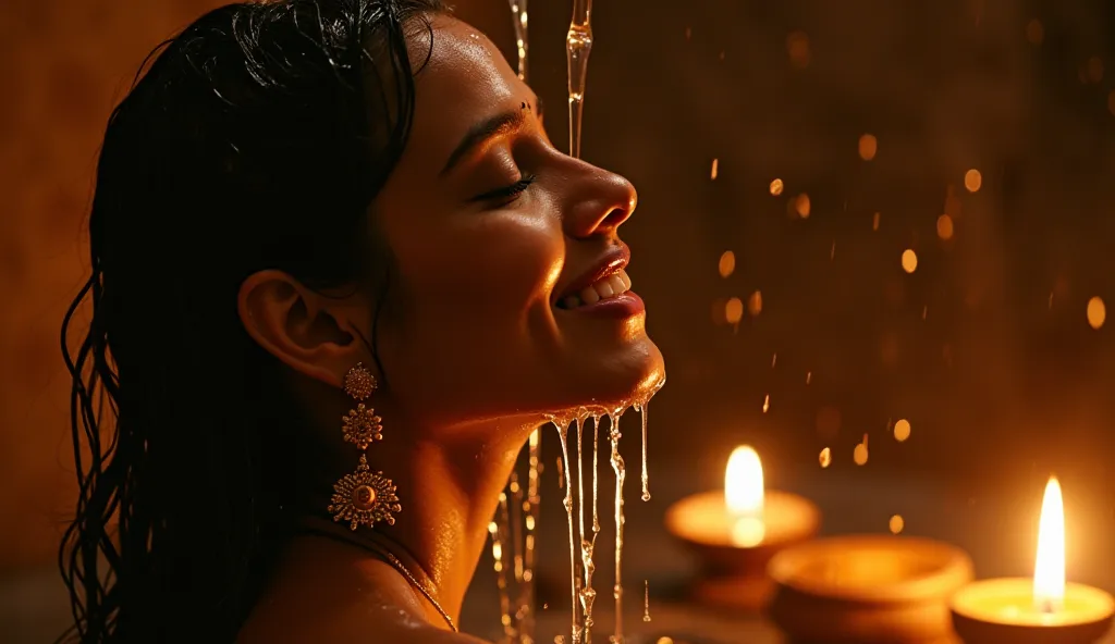 A close-up of a Tamil queen squeezing water from her long, wet hair, droplets cascading down her back. Her eyes are closed in bliss as golden oil lamps flicker in the dim-lit chamber. The air is filled with the rich aroma of sandalwood and fresh jasmine. I...