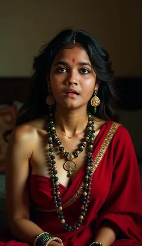 in a dimly light setting A naughty and curvaceous light neutral skin tone woman in traditional attire, wearing a deep red messed up elegant saree, no blouse piece, bare breast and intricate jewelry glass green bangles and a red small bindi between her eyeb...