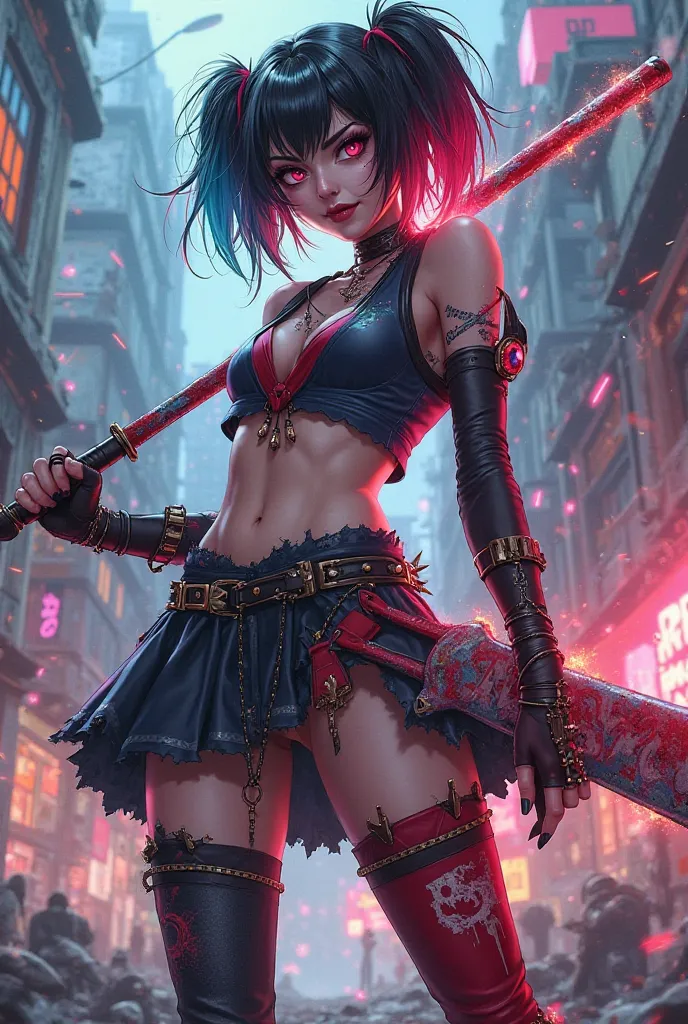 "A fierce and rebellious female warrior, a fusion of Harley Quinn from DC and Ryuko Matoi from Kill la Kill. She has Ryuko’s signature short, messy black hair with a red streak, but with Harley’s chaotic energy—some strands dyed in pink and blue. Her eyes ...