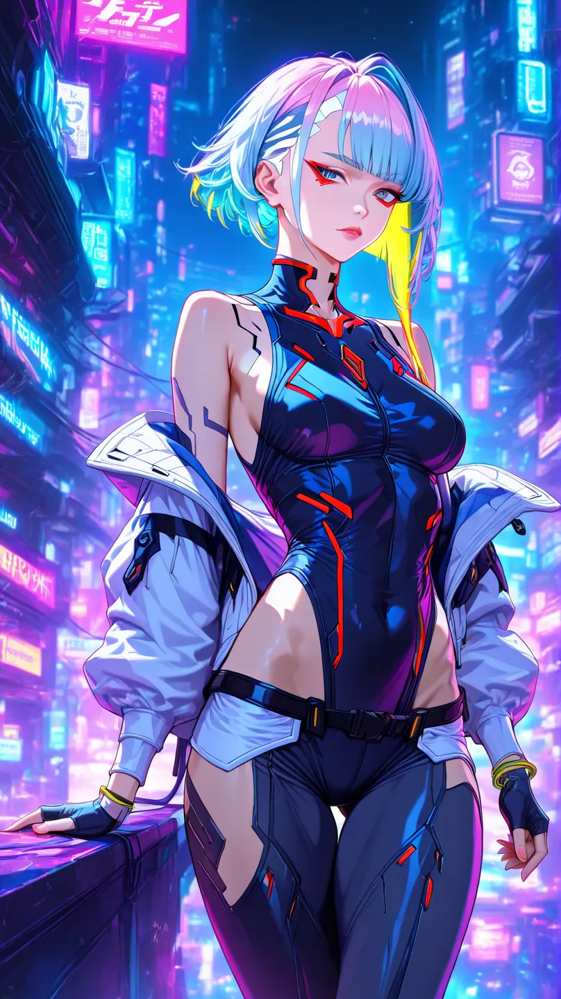 (чрезвычайно подробные CG unity 8k обои), (Highly detailed),  Masterpiece , best quality, Lucy (Cyberpunk), bodysuit, One, Breasts, Cyberpunk city, multicolored hair, short hair, looks at the viewer, medium Breasts, black bodysuit,  grey eyes, thigh incisi...