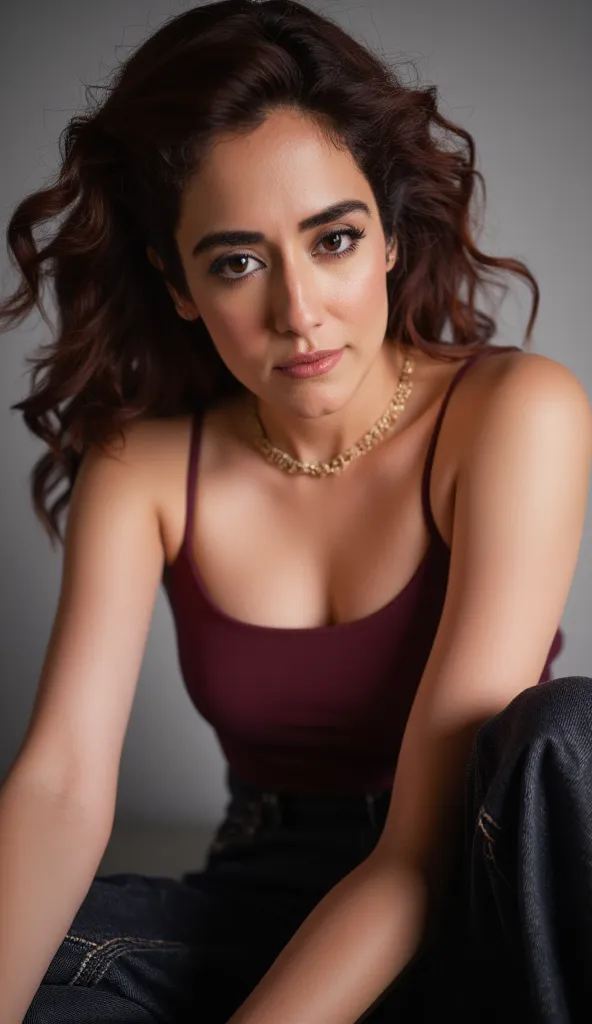 cinematic close up photo of an actress, face closeup front, studio room, brightly lit, sitting, legs wide open, thin maroon sleeveless tight t shirt with spaghetti strap, denim jeans black, 