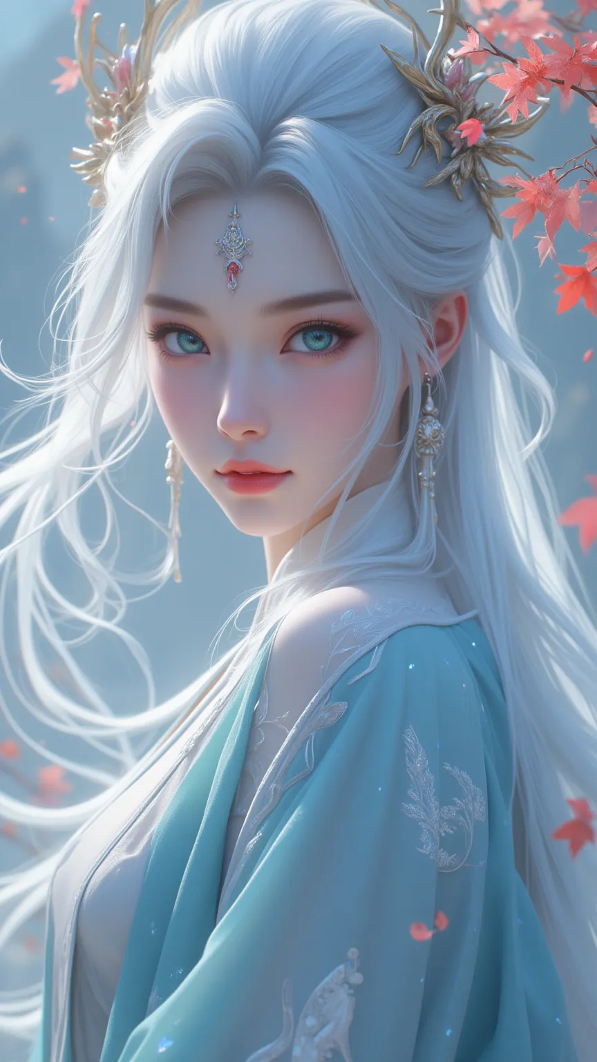 Chinese Fairy Tales character, Arrogant demeanor, full-body, mature woman, cool beauty, living expressions, cold gaze, platinum hair, shiny silky, long hair, earrings, Petals hair ornament, forehead ornament, captivating eyes, emerald eyes, hourglass figur...