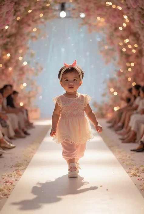 “Design a stunning runway scene featuring a confident baby walking down the stage in an aesthetic, fashion-forward outfit. The baby should wear a charming ensemble such as a flowy pastel dress with delicate ruffles, a stylish romper with intricate embroide...