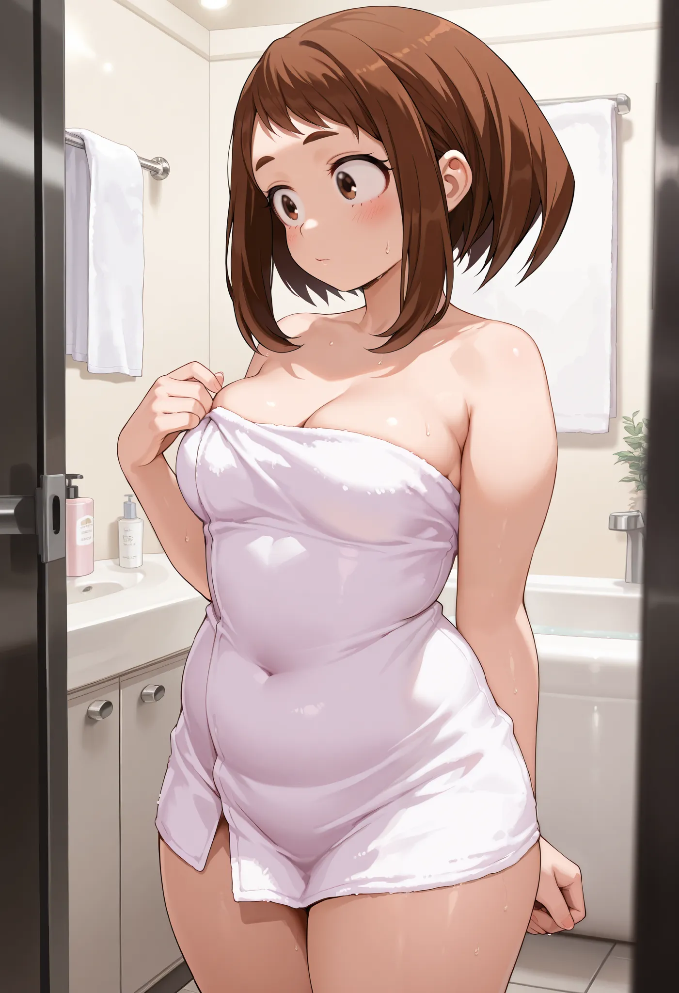 Masterpiece, 8k quality, extremely detailed, clear face, ochako uraraka, bathroom background, medium breasts, plump body, towel wrapped around body