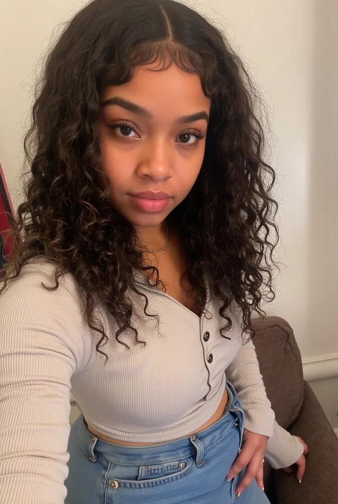 Skirt She wearing jeans a classy chanel long sleeve Long view 0.5  mirror selfie dark hair bright lighting, SELFIE, honey brown skin, clear complexion, long natural eyelashes, black girl, long curly dark hair, small button nose, thin arched eyebrows, prett...