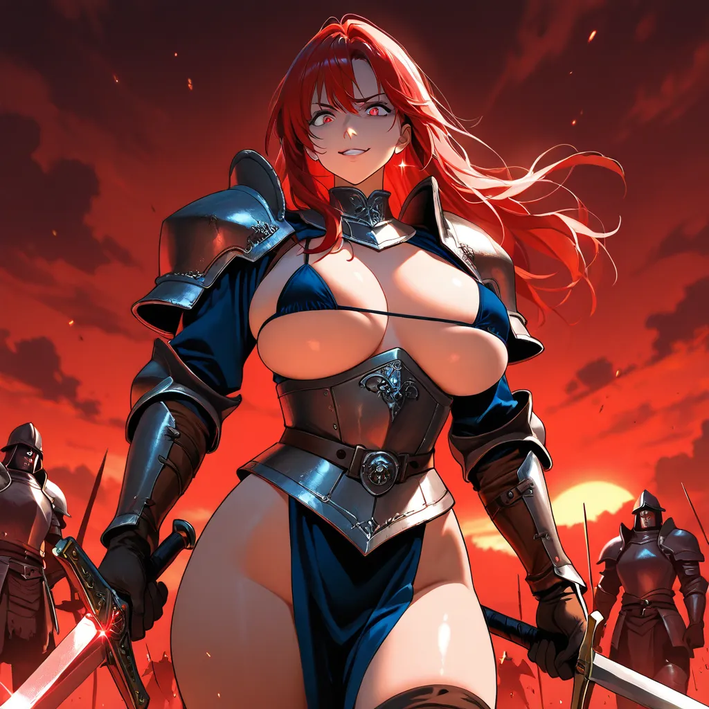 Anime women with the image of the Middle Ages ,middle-aged clothes, in armor with big boobs in a micro bra, high quality hair, high detail, skin slightly sparkles, juicy and naked hips, holds a sword,evil face,  era on the battlefield , red sunset 
