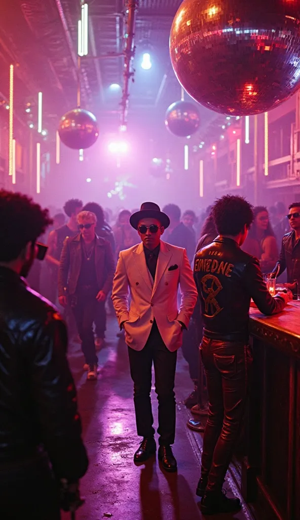 A first-person perspective stepping into a packed NYC nightclub, where neon lights flash to the beat of an 80s synth-pop track. The dance floor is filled with people in flashy outfits, big hair, and leather jackets, dancing under a massive spinning disco b...