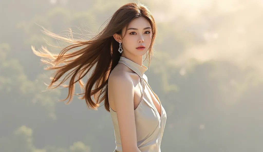 A beautiful young woman with long brown hair is wearing an elegant top and stylish earrings. She is staring into the distance with a kind expression on her face.