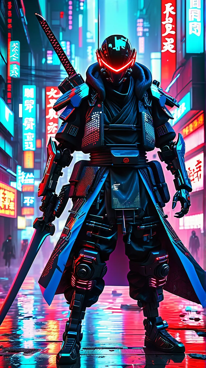 A intense and visceral in a futuristic urban district, inspired by the cyberpunk style. A member of the Yakuza, with marked Japanese features and a cold and ruthless expression, dominates the center of the image. Wear a traditional Japanese costume moderni...