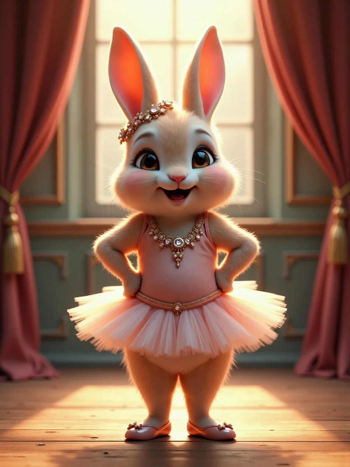 photorealistic full body portrait of Dressed animals - a ((fat)) baby(peter rabbit) ballet dancer,(art by Simon Bisley),(happy smile:1.5),(furry), high quality,(lovely) hands on hips,highly detailed ((elaborate ballet leotard)) ,highly detailed decorations...