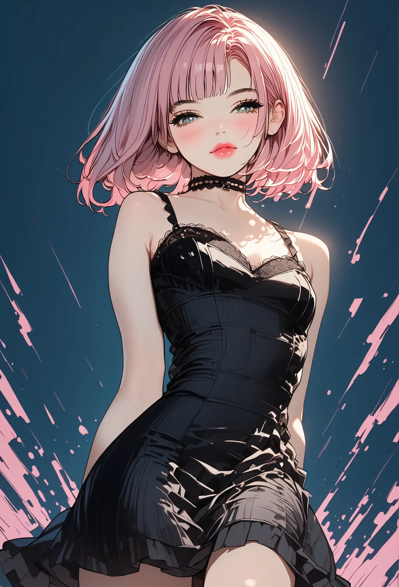 (best quality, ultra-detailed, bright and vibrant colors, studio lighting, romantic expression, Young korean girl, with a delicate and beautiful face. pink hair, pink lips, black strap dress, short dress, huge breasts, manwha character, seductive pose, cle...