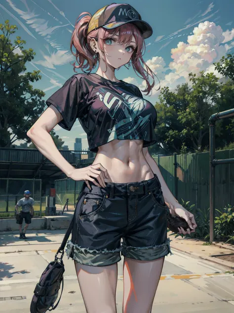 ideal ratio body proportions, perfect anatomy, correct body, earring, large breasts, narrow waist, short hair, black hair, wavy hair, hair behind ear, half updo, looking at viewer, cowboy shot, outdoor, baseball cap, black T-shirt, crop top, shorts,