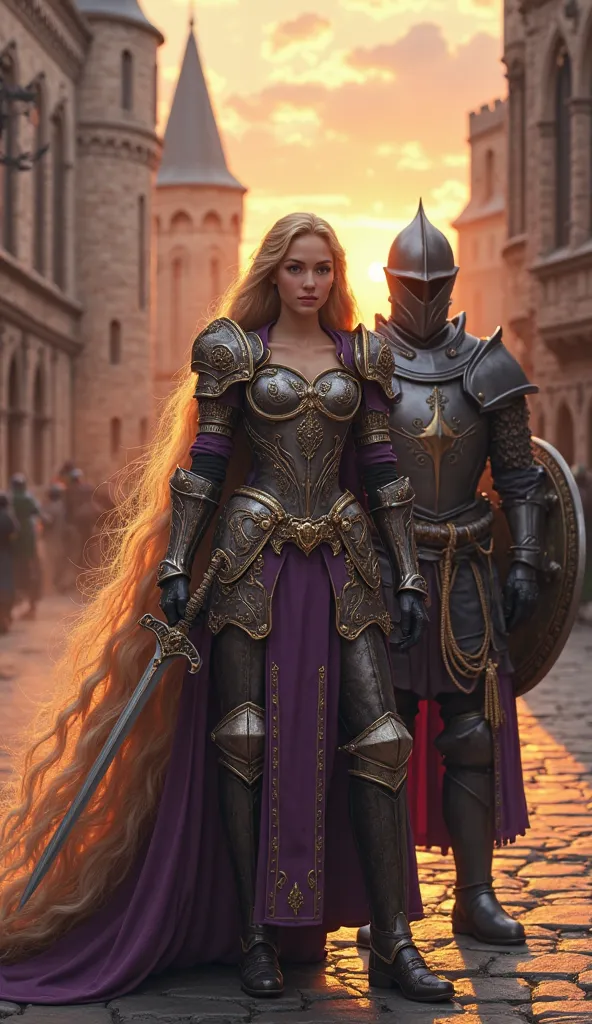 Create a highly detailed fantasy scene featuring a fierce and elegant warrior princess named Rapunzel, reimagined as a formidable knight. She stands confidently in the center of a medieval city street at sunset, with warm golden light casting dramatic shad...