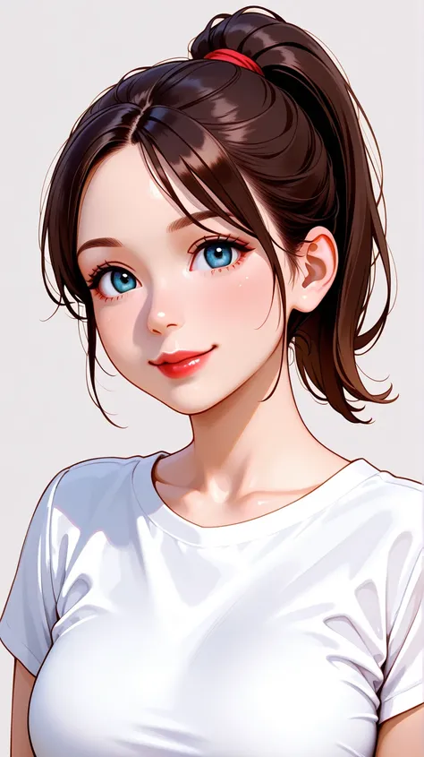 1 girl,Poyo poyo boobs, red lips,smile,ponytail,realistic,  lori