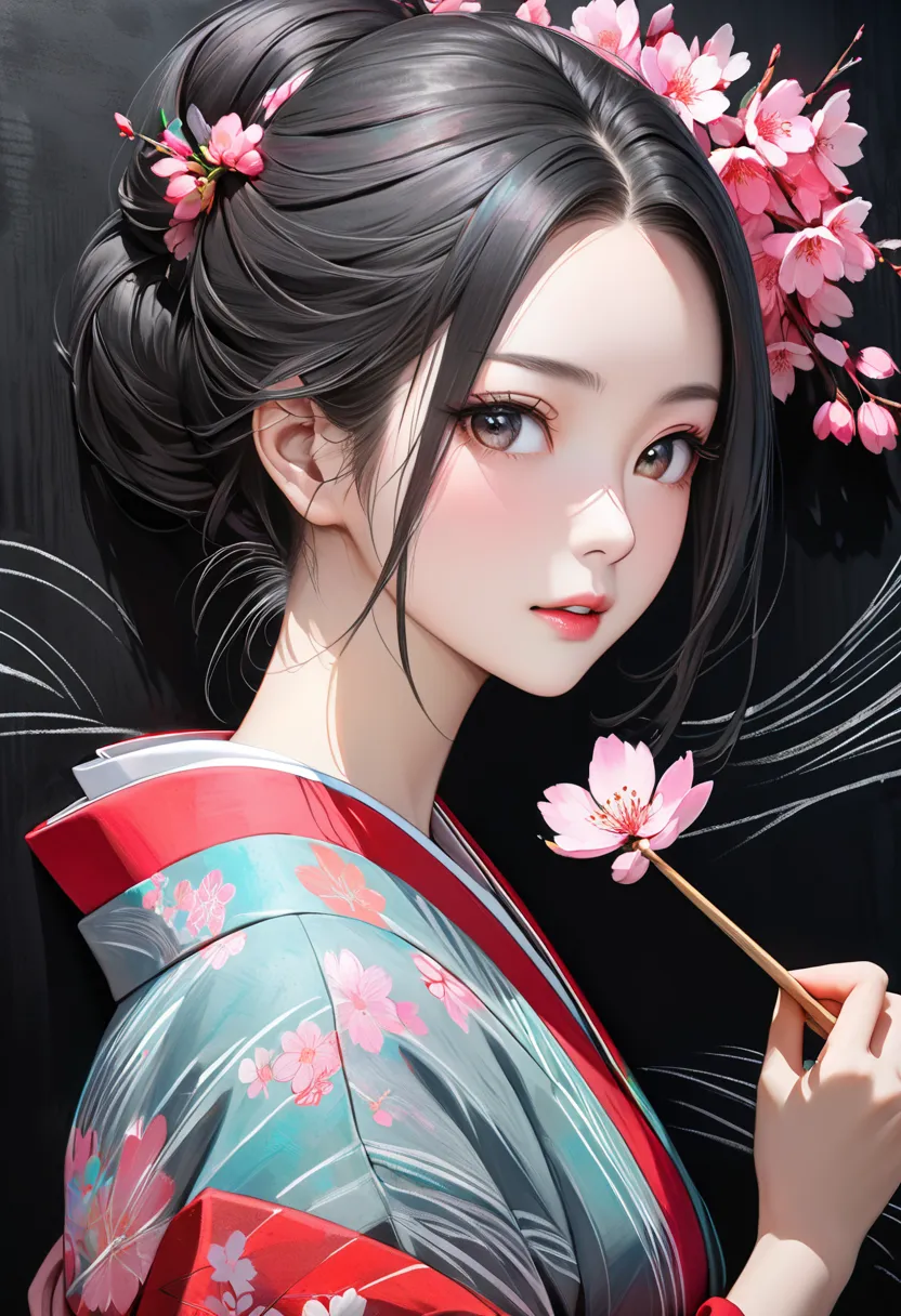 Self-portrait drawn in chalk on blackboard, Rough chalk painting on the theme of cherry blossom blizzard and cherry blossom viewing, A portrait of a beautiful Japanese woman wearing a traditional kimono delicately drawn on a blackboard using colorful chalk...