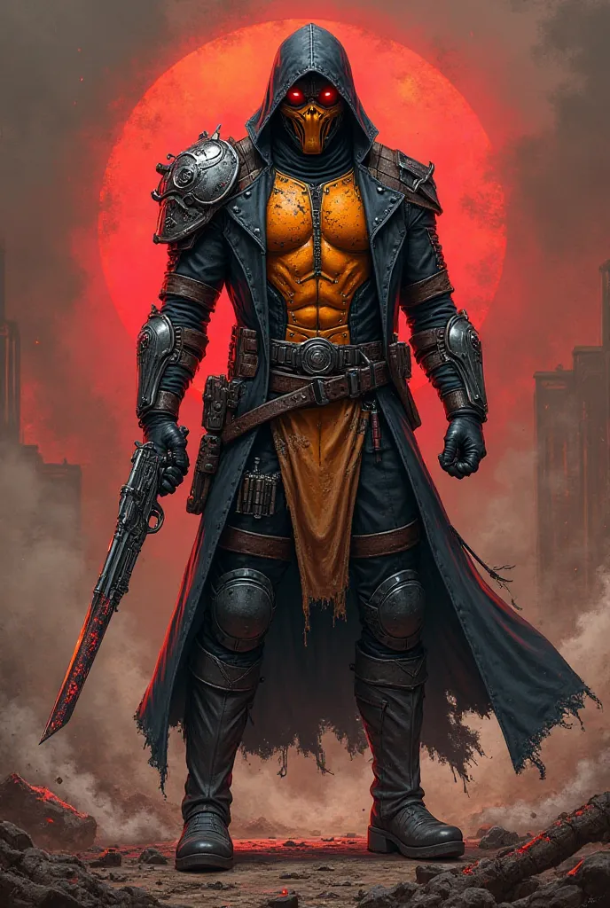 "A full-body illustration of a deadly and battle-hardened warrior, a fusion of Erron Black from Mortal Kombat and Deathstroke from DC. He stands tall with a powerful and imposing stance, exuding the aura of an elite mercenary. His armor is a fusion of Deat...