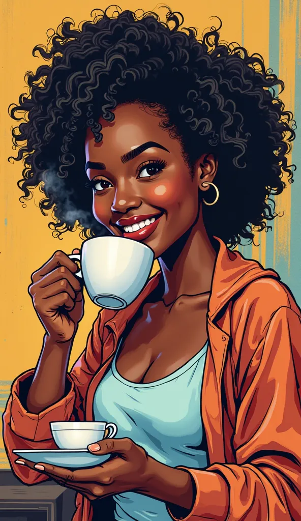 DISCREET image. with discreet casual clothes. image adult woman, american, JUST comic book style. smile. IMAGES WITH VIBRANT COLORS.  focus on face. black woman. drink coffe