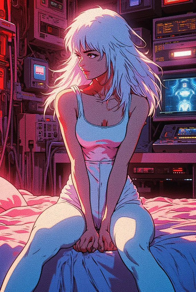 A cyberpunk anime girl inspired by Blade Runner and Akira, white hair below shoulders, wearing an ultra-tight white bodysuit that highlights her athletic and toned sexy body, sitting on a bed with her legs bent and slightly spread apart, hands resting betw...