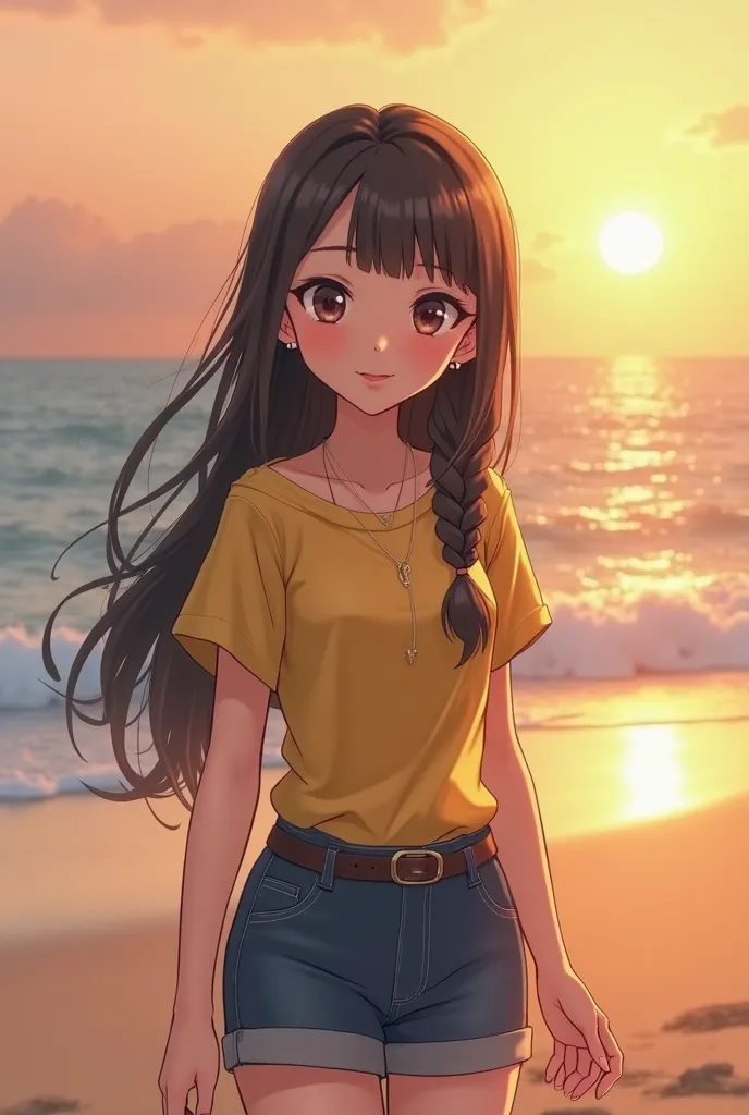 Disney effect, anime style female, High Definition Artwork, 8k,  Korean woman , 35 years old,  full body 사진, full body long shot, black and long hair,  Braiding , delicate hair expression,  bangs,  Realistic Face, is cute 얼굴, is cute,  smiles, language,  b...