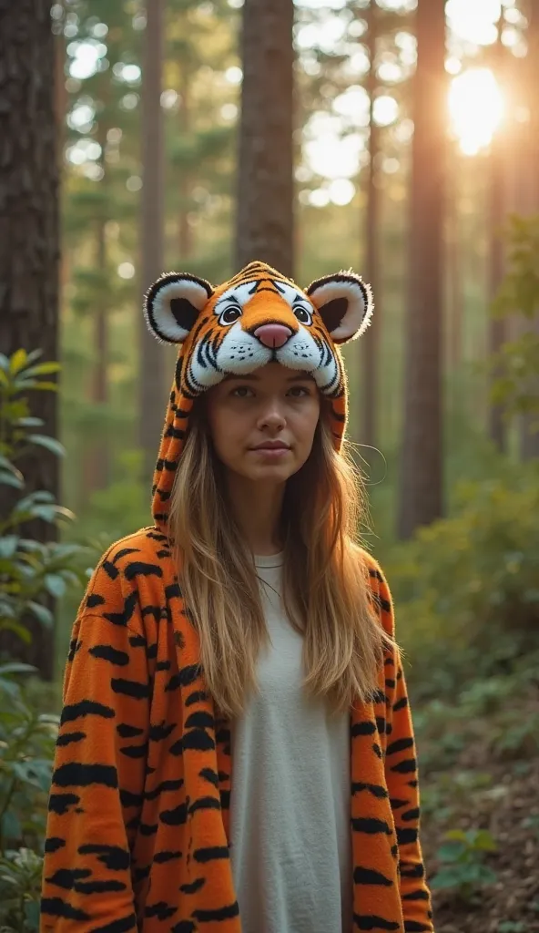 The image shows a person standing against the forest backdrop, with sunlight shining through the trees in the back. The person is wearing a tiger themed costume,  tiger motif and a head cap resembling a tiger face with ears. The forest has tall trees with ...